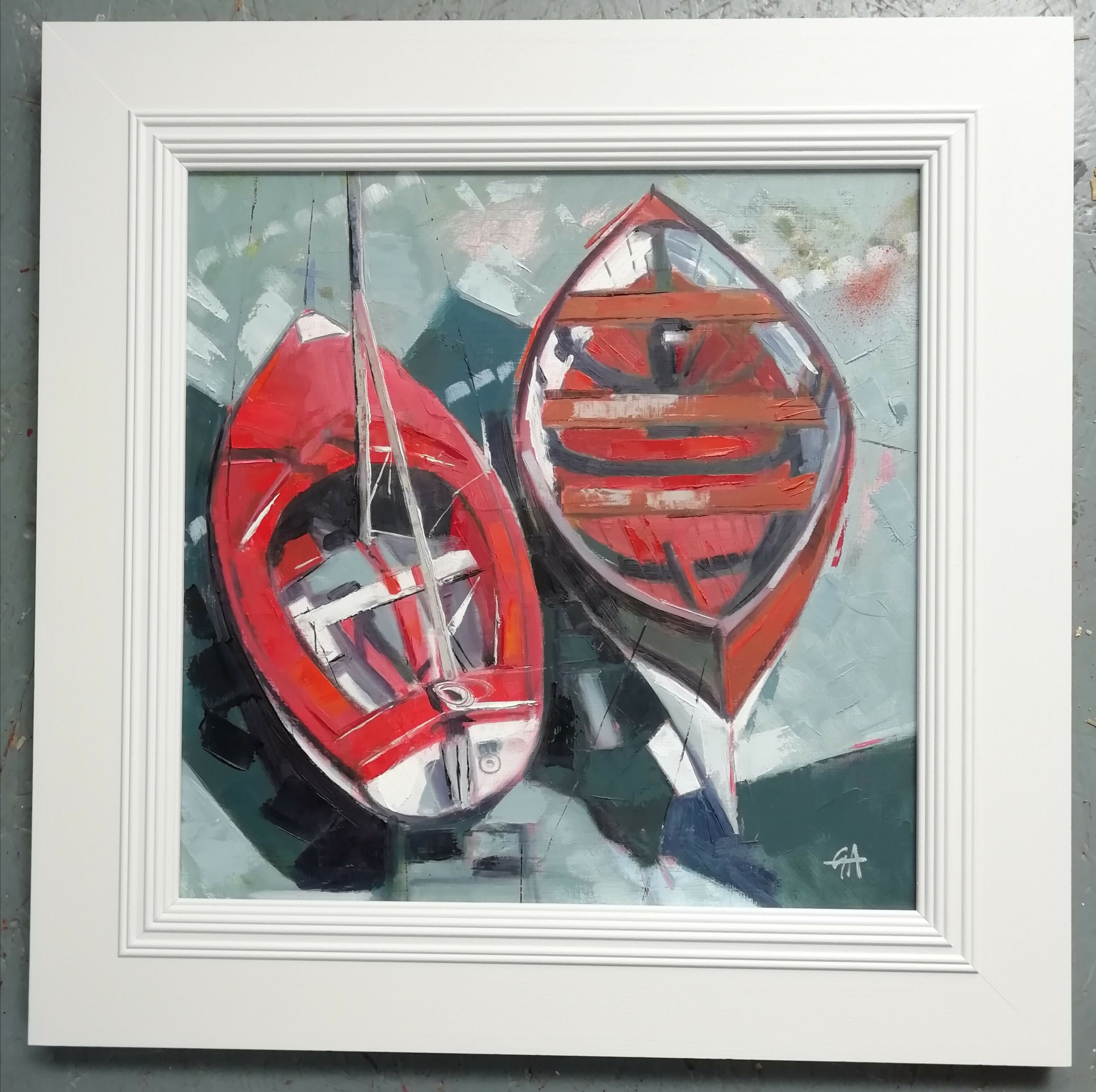 Two Red Boats framed